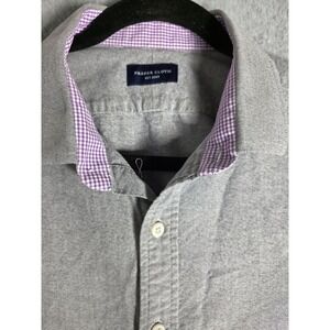 Proper Cloth Mens Grey Oxford Cotton Button Down Shirt Purple Gingham Trim 15H